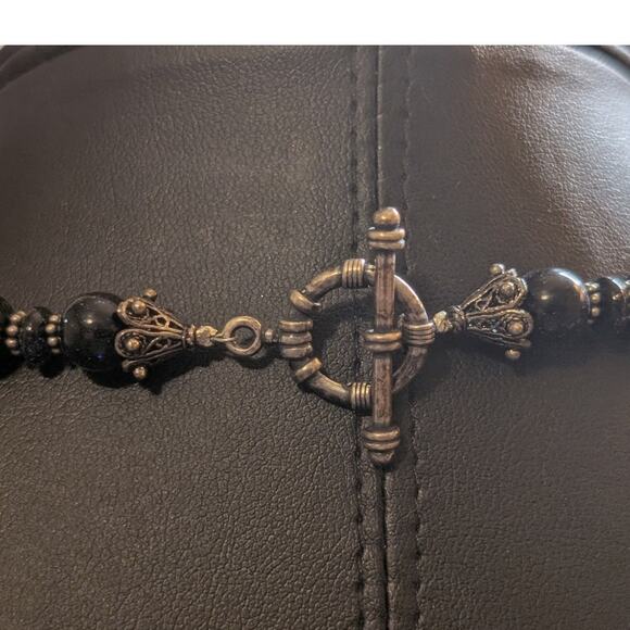 Blue Fused Glass Dangle Gold Stone Crystal Beaded 18" Necklace W/ Toggle Clasp - Picture 6 of 7